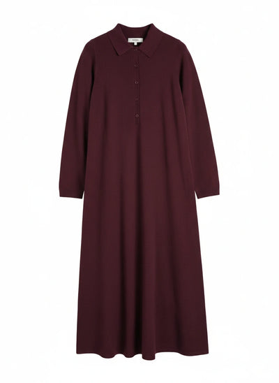 Aubergine Wool-Cashmere A-Line Polo Dress