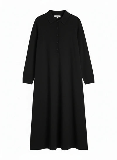 Black Wool-Cashmere A-Line Polo Dress