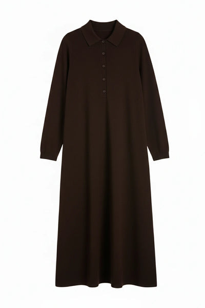 Chocolate Wool-Cashmere A-Line Polo Dress