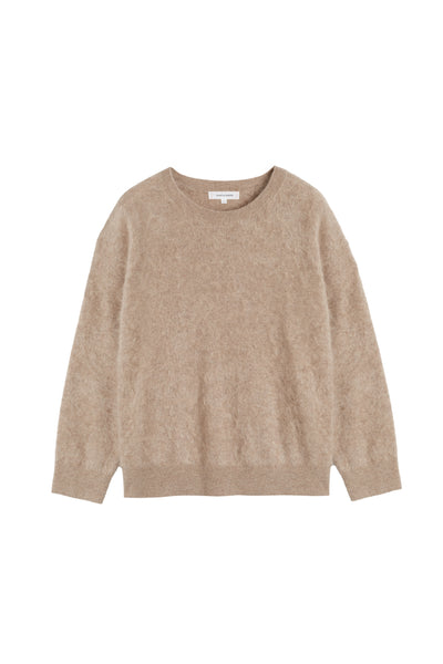 Warm-Oatmeal Brushed Cashmere Crew Neck Sweater