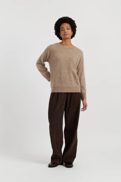 Warm-Oatmeal Brushed Cashmere Crew Neck Sweater