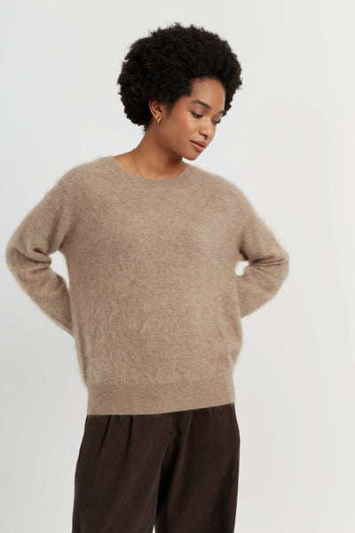 Warm-Oatmeal Brushed Cashmere Crew Neck Sweater