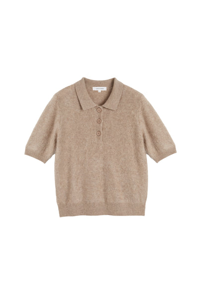 Warm-Oatmeal Brushed Cashmere Polo Tee