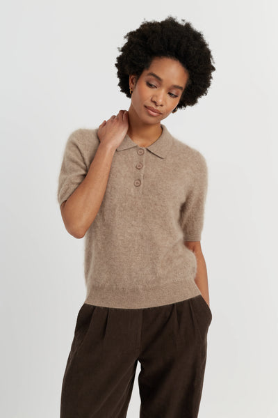 Warm-Oatmeal Brushed Cashmere Polo Tee