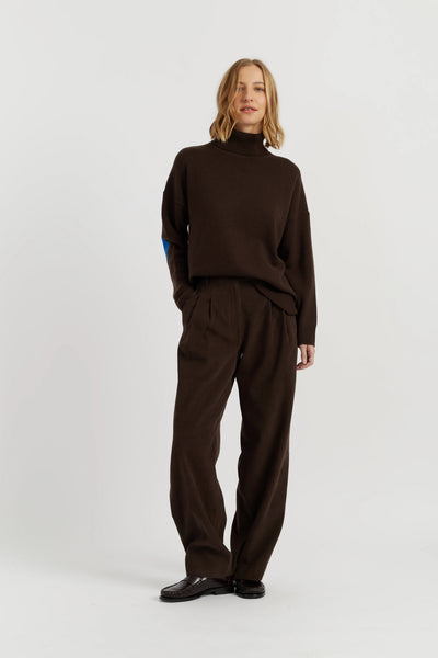 Chocolate Wool-Cashmere Elbow Patch Rollneck Sweater