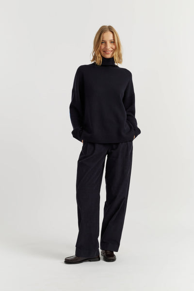Navy Wool-Cashmere Elbow Patch Rollneck Sweater