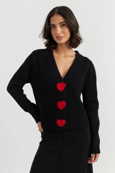 Black-Melange Merino Heart Cardigan