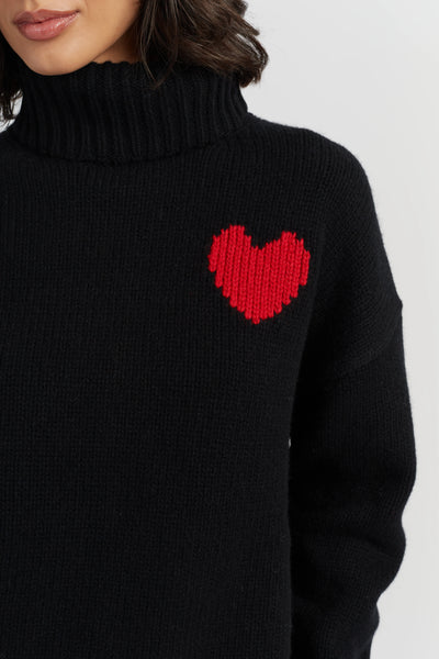 Black-Melange Merino Heart Rollneck Sweater