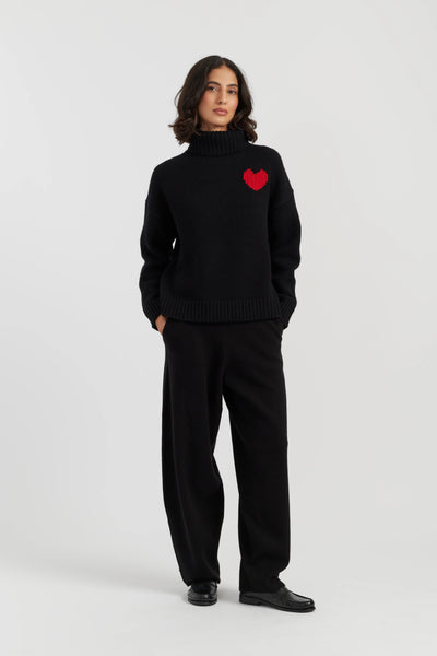 Black-Melange Merino Heart Rollneck Sweater