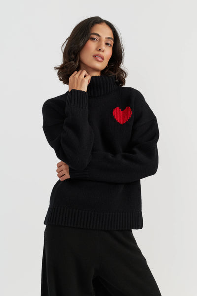 Black-Melange Merino Heart Rollneck Sweater