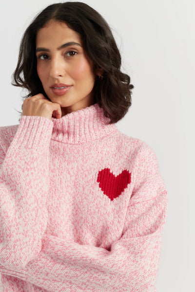 Salmon-Melange Merino Heart Rollneck Sweater