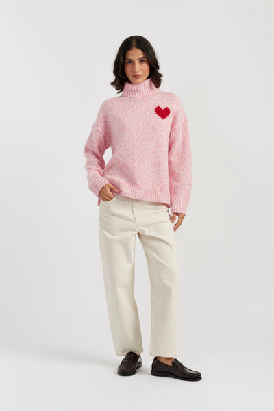 Salmon-Melange Merino Heart Rollneck Sweater
