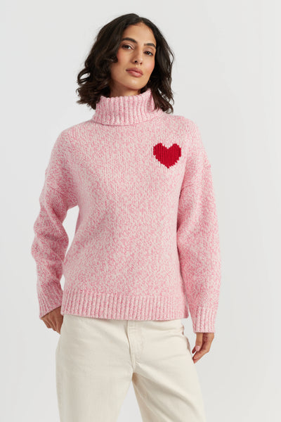 Salmon-Melange Merino Heart Rollneck Sweater
