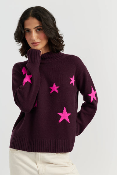 Aubergine Wool-Cashmere Star Rollneck Sweater