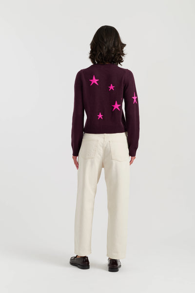 Aubergine Wool-Cashmere Star Round-neck Cardigan
