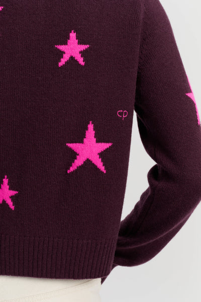 Aubergine Wool-Cashmere Star Round-neck Cardigan