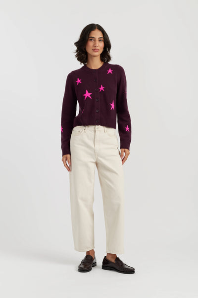 Aubergine Wool-Cashmere Star Round-neck Cardigan