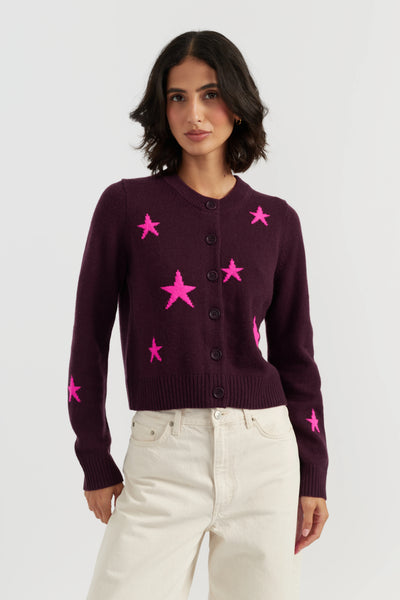 Aubergine Wool-Cashmere Star Round-neck Cardigan