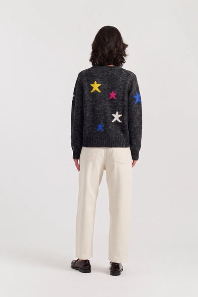 Black Wool-Cashmere Star Round-neck Cardigan