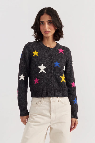 Black Wool-Cashmere Star Round-neck Cardigan