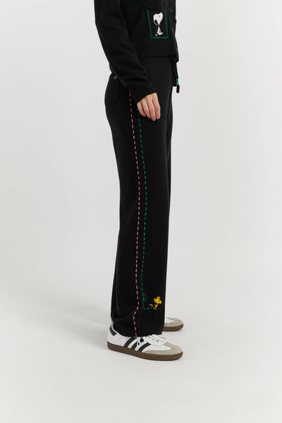 Black Wool-Cashmere Peanuts Wide Leg Track Pants