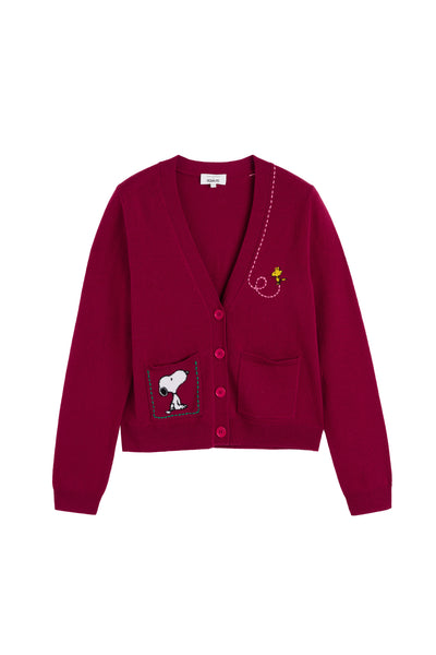 Cherry Wool-Cashmere Snoopy Pocket Cardigan