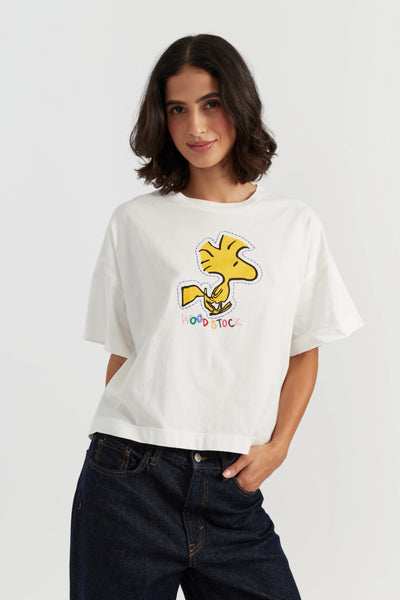 Cream Cotton Woodstock Embroidered T-Shirt