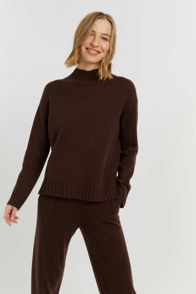 Chocolate Pure Cashmere Funnel Neck Sweater