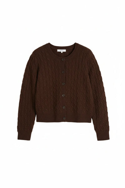 Chocolate Pure Cashmere Cabled Crew Neck Cardigan
