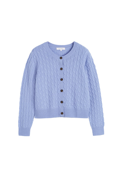 Baby-Blue Pure Cashmere Cabled Crew Neck Cardigan