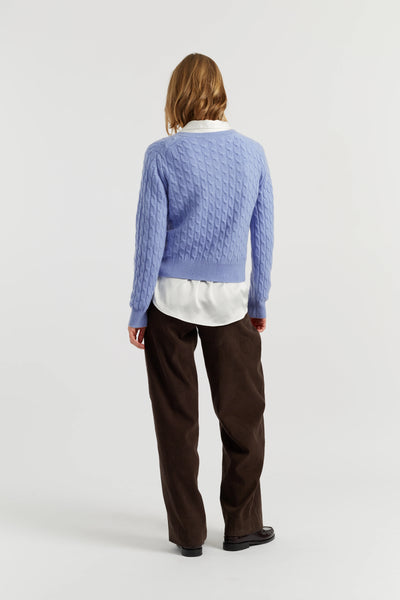 Baby-Blue Pure Cashmere Cabled Crew Neck Cardigan
