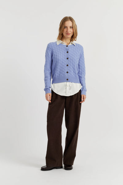 Baby-Blue Pure Cashmere Cabled Crew Neck Cardigan