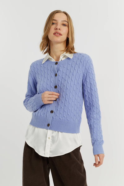 Baby-Blue Pure Cashmere Cabled Crew Neck Cardigan