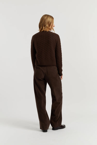 Chocolate Pure Cashmere Cabled Crew Neck Cardigan