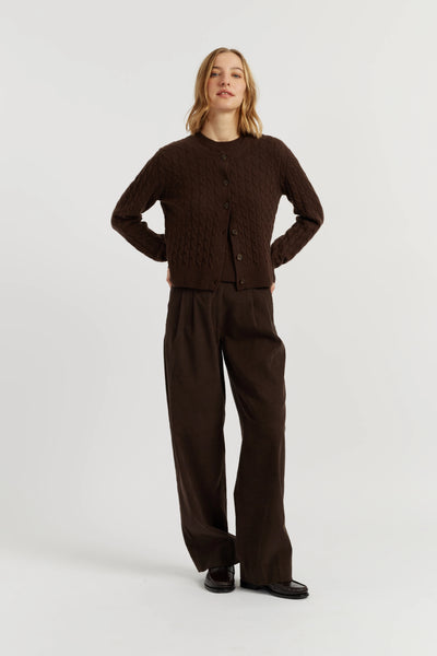 Chocolate Pure Cashmere Cabled Crew Neck Cardigan