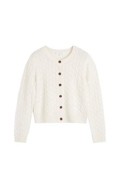 Cream Pure Cashmere Cabled Crew Neck Cardigan