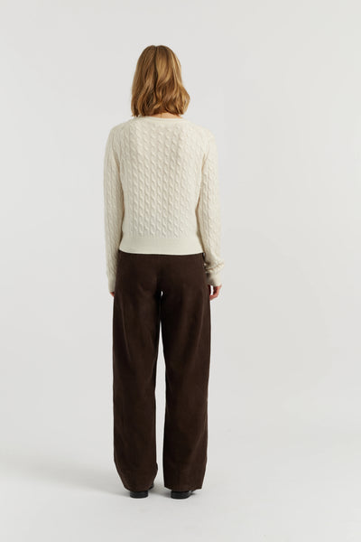 Cream Pure Cashmere Cabled Crew Neck Cardigan