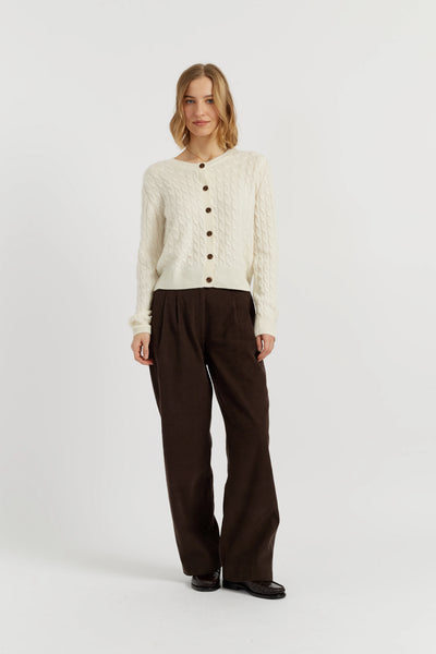 Cream Pure Cashmere Cabled Crew Neck Cardigan