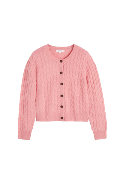 Salmon Pure Cashmere Cabled Crew Neck Cardigan