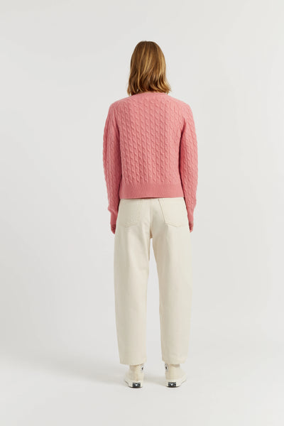 Salmon Pure Cashmere Cabled Crew Neck Cardigan