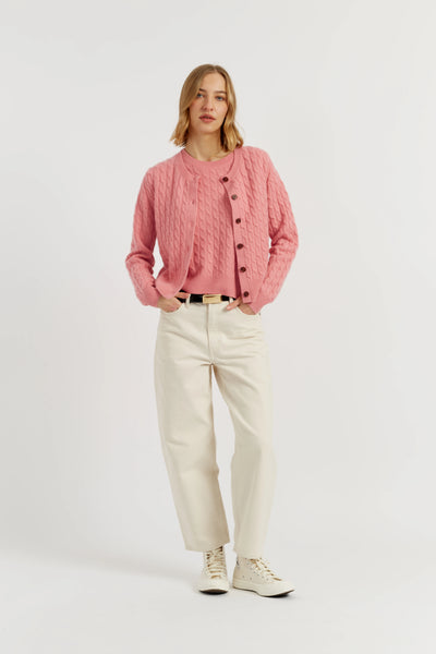Salmon Pure Cashmere Cabled Crew Neck Cardigan