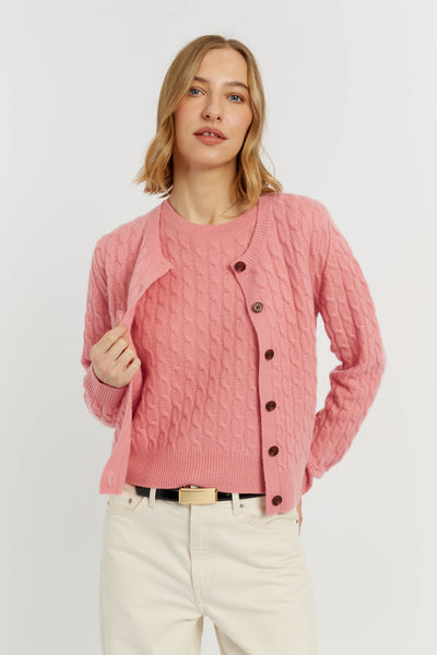Salmon Pure Cashmere Cabled Crew Neck Cardigan