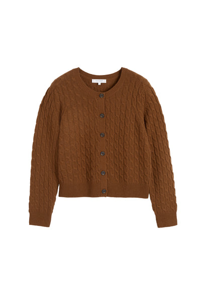 Toffee Pure Cashmere Cabled Crew Neck Cardigan