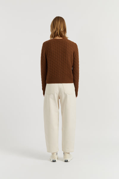 Toffee Pure Cashmere Cabled Crew Neck Cardigan