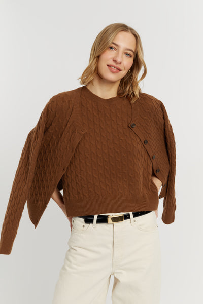Toffee Pure Cashmere Cabled Crew Neck Cardigan
