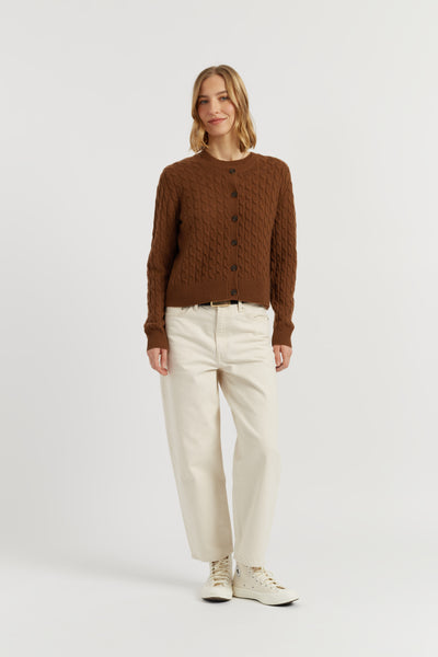 Toffee Pure Cashmere Cabled Crew Neck Cardigan