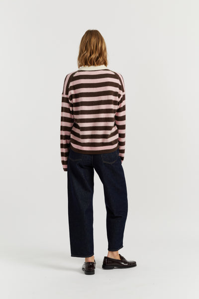 Pink-Chocolate Brushed Merino Stripe Polo Top