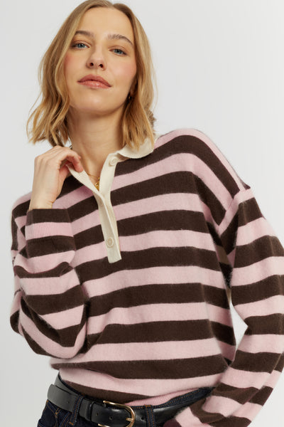 Pink-Chocolate Brushed Merino Stripe Polo Top