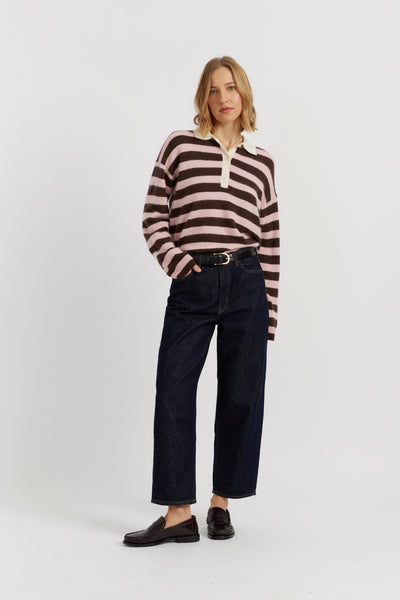 Pink-Chocolate Brushed Merino Stripe Polo Top