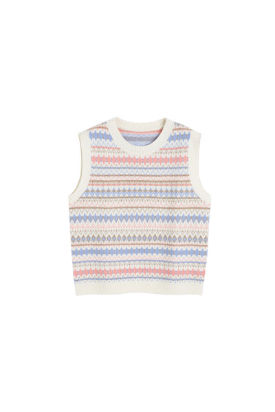Cream Wool-Cashmere Fair Isle V-neck Tank